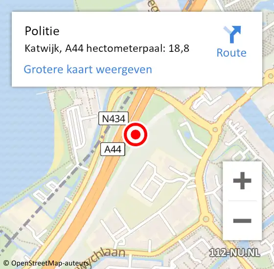 Locatie op kaart van de 112 melding: Politie Katwijk, A44 hectometerpaal: 18,8 op 14 maart 2023 23:42