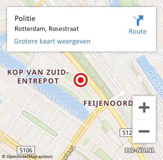 Locatie op kaart van de 112 melding: Politie Rotterdam, Rosestraat op 14 maart 2023 23:54