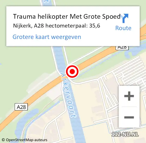 Locatie op kaart van de 112 melding: Trauma helikopter Met Grote Spoed Naar Nijkerk, A28 hectometerpaal: 35,6 op 15 maart 2023 00:05