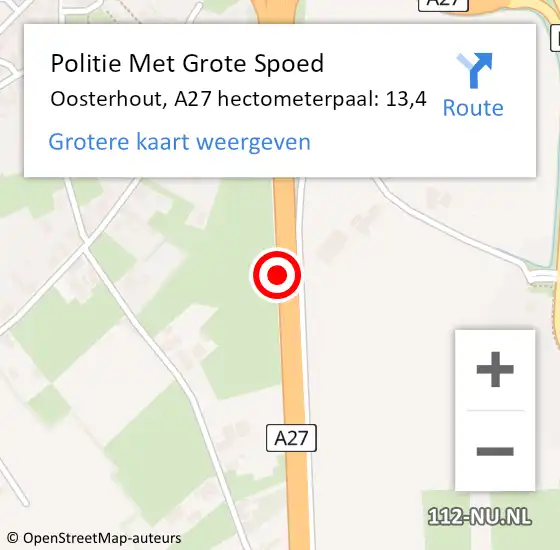 Locatie op kaart van de 112 melding: Politie Met Grote Spoed Naar Oosterhout, A27 hectometerpaal: 13,4 op 15 maart 2023 07:47