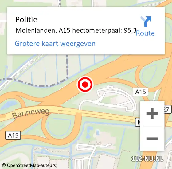 Locatie op kaart van de 112 melding: Politie Molenlanden, A15 hectometerpaal: 95,3 op 15 maart 2023 09:20