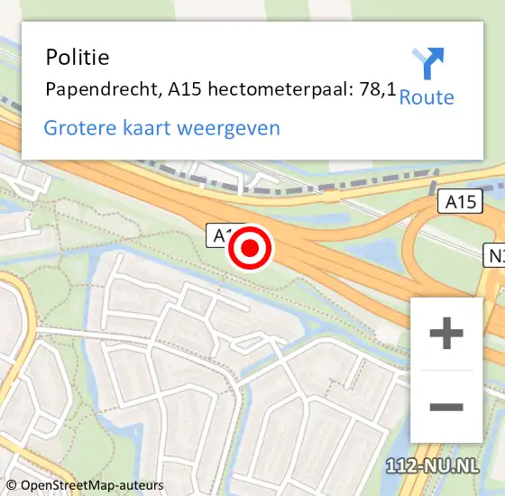 Locatie op kaart van de 112 melding: Politie Papendrecht, A15 hectometerpaal: 78,1 op 15 maart 2023 11:11