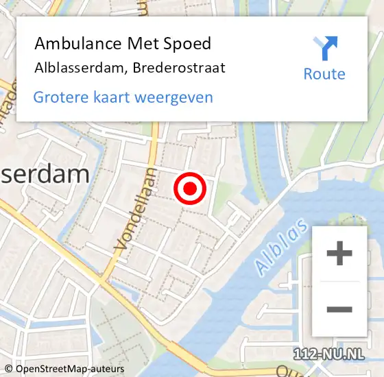 Locatie op kaart van de 112 melding: Ambulance Met Spoed Naar Alblasserdam, Brederostraat op 15 maart 2023 12:40