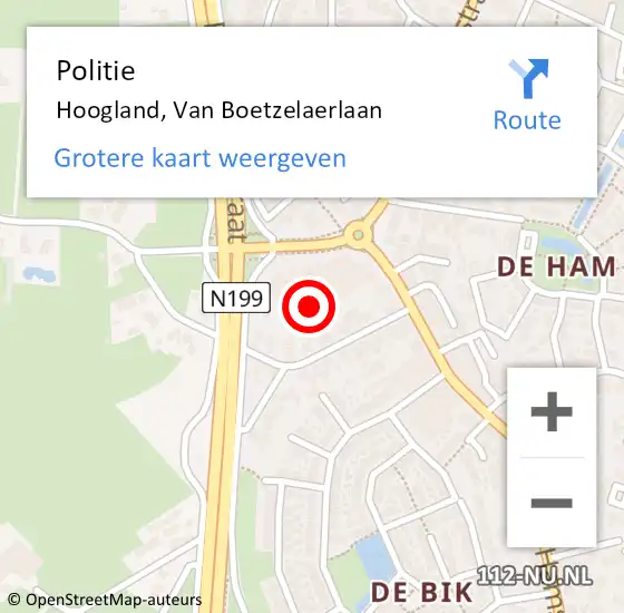 Locatie op kaart van de 112 melding: Politie Hoogland, Van Boetzelaerlaan op 15 maart 2023 14:53