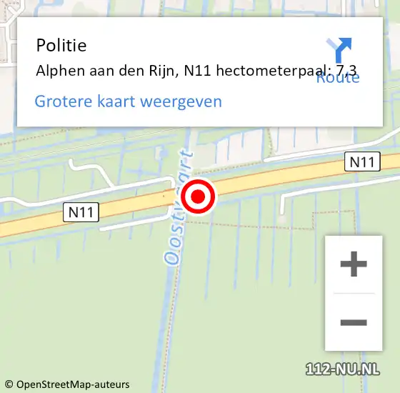 Locatie op kaart van de 112 melding: Politie Alphen aan den Rijn, N11 hectometerpaal: 7,3 op 15 maart 2023 15:38