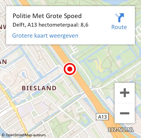 Locatie op kaart van de 112 melding: Politie Met Grote Spoed Naar Delft, A13 hectometerpaal: 8,6 op 15 maart 2023 16:45