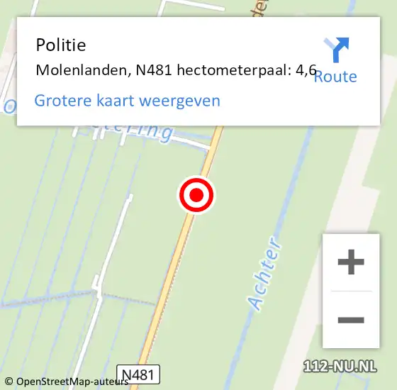 Locatie op kaart van de 112 melding: Politie Molenlanden, N481 hectometerpaal: 4,6 op 16 maart 2023 03:43