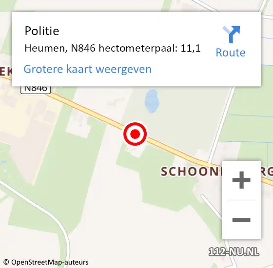 Locatie op kaart van de 112 melding: Politie Heumen, N846 hectometerpaal: 11,1 op 16 maart 2023 05:14