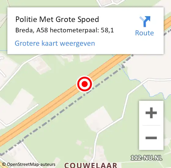 Locatie op kaart van de 112 melding: Politie Met Grote Spoed Naar Breda, A58 hectometerpaal: 58,1 op 16 maart 2023 07:39