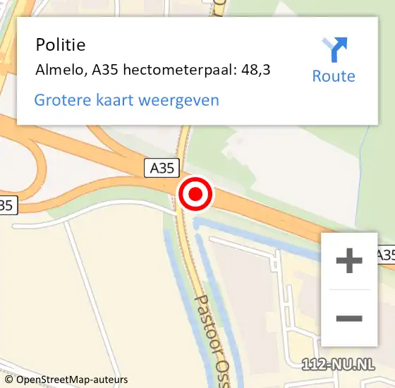 Locatie op kaart van de 112 melding: Politie Almelo, A35 hectometerpaal: 48,3 op 16 maart 2023 07:58