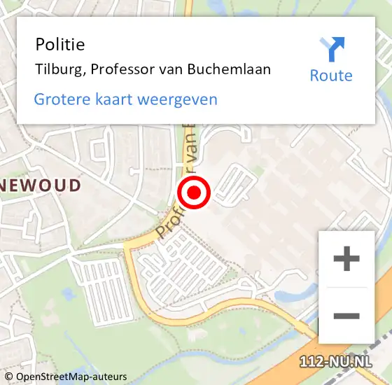 Locatie op kaart van de 112 melding: Politie Tilburg, Professor van Buchemlaan op 16 maart 2023 10:47