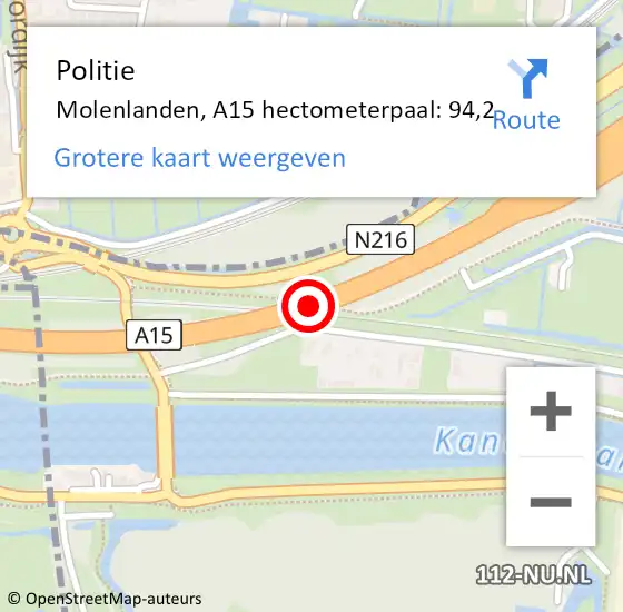 Locatie op kaart van de 112 melding: Politie Molenlanden, A15 hectometerpaal: 94,2 op 16 maart 2023 12:19