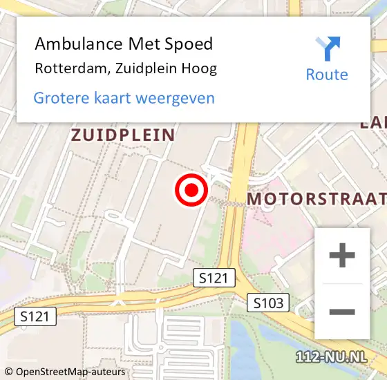 Locatie op kaart van de 112 melding: Ambulance Met Spoed Naar Rotterdam, Zuidplein Hoog op 16 maart 2023 13:24