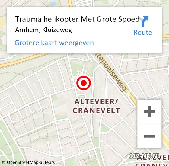 Locatie op kaart van de 112 melding: Trauma helikopter Met Grote Spoed Naar Arnhem, Kluizeweg op 16 maart 2023 14:22