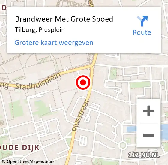 Locatie op kaart van de 112 melding: Brandweer Met Grote Spoed Naar Tilburg, Piusplein op 16 maart 2023 15:05