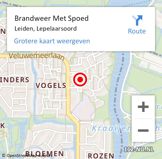 Locatie op kaart van de 112 melding: Brandweer Met Spoed Naar Leiden, Lepelaarsoord op 16 maart 2023 15:54