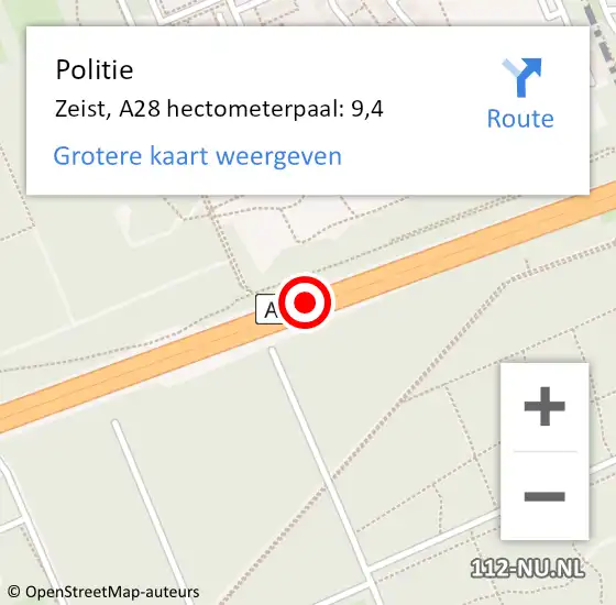 Locatie op kaart van de 112 melding: Politie Zeist, A28 hectometerpaal: 9,4 op 16 maart 2023 15:56