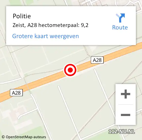 Locatie op kaart van de 112 melding: Politie Zeist, A28 hectometerpaal: 9,2 op 16 maart 2023 15:57