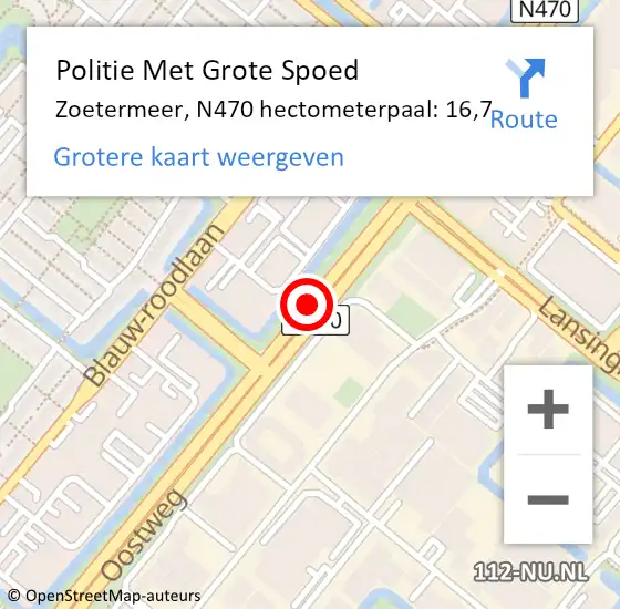 Locatie op kaart van de 112 melding: Politie Met Grote Spoed Naar Zoetermeer, N470 hectometerpaal: 16,7 op 16 maart 2023 17:18