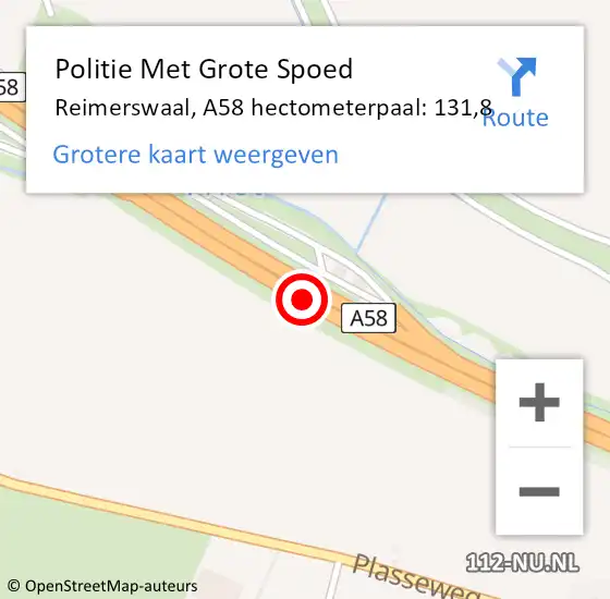 Locatie op kaart van de 112 melding: Politie Met Grote Spoed Naar Reimerswaal, A58 hectometerpaal: 131,8 op 16 maart 2023 17:42