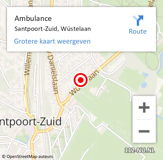 Locatie op kaart van de 112 melding: Ambulance Santpoort-Zuid, Wüstelaan op 16 maart 2023 17:53