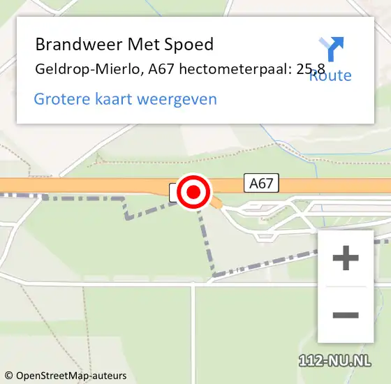 Locatie op kaart van de 112 melding: Brandweer Met Spoed Naar Geldrop-Mierlo, A67 hectometerpaal: 25,8 op 16 maart 2023 21:13