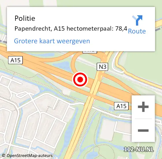 Locatie op kaart van de 112 melding: Politie Papendrecht, A15 hectometerpaal: 78,4 op 17 maart 2023 00:32