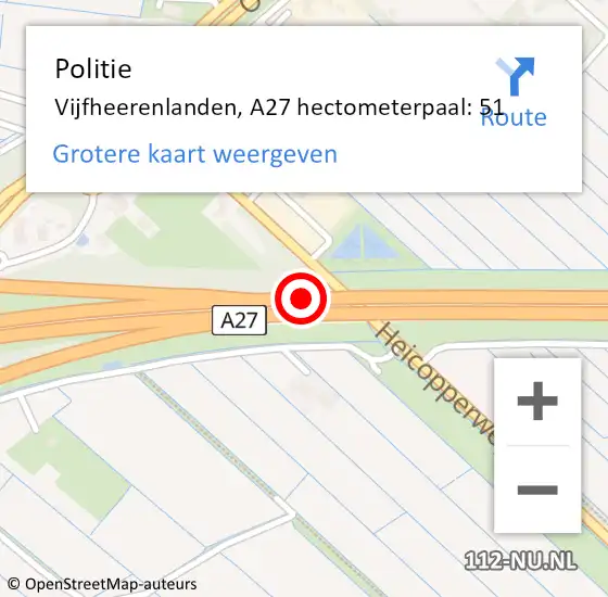 Locatie op kaart van de 112 melding: Politie Vijfheerenlanden, A27 hectometerpaal: 51 op 17 maart 2023 07:44