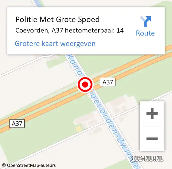 Locatie op kaart van de 112 melding: Politie Met Grote Spoed Naar Coevorden, A37 hectometerpaal: 14 op 17 maart 2023 07:49