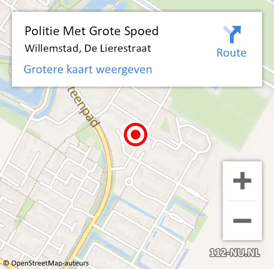 Locatie op kaart van de 112 melding: Politie Met Grote Spoed Naar Willemstad, De Lierestraat op 17 maart 2023 08:23