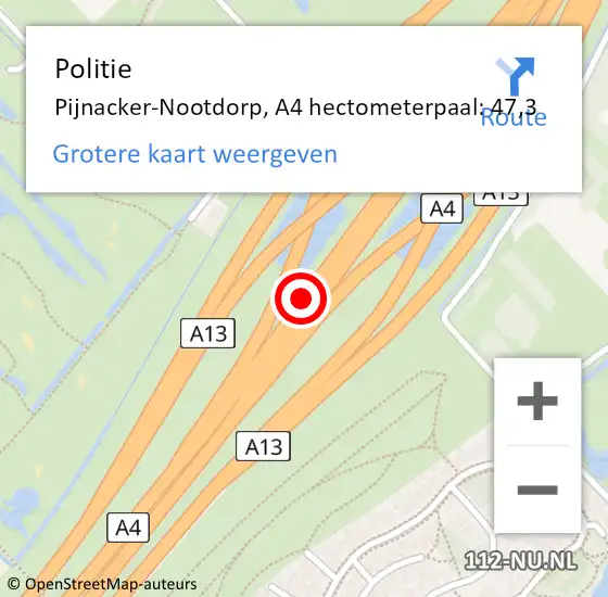 Locatie op kaart van de 112 melding: Politie Pijnacker-Nootdorp, A4 hectometerpaal: 47,3 op 17 maart 2023 08:42