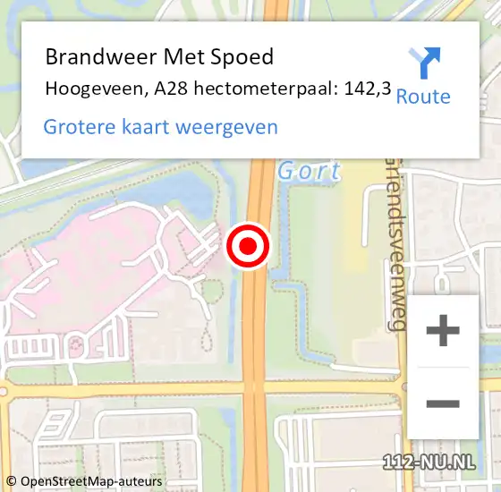 Locatie op kaart van de 112 melding: Brandweer Met Spoed Naar Hoogeveen, A28 hectometerpaal: 142,3 op 17 maart 2023 11:28