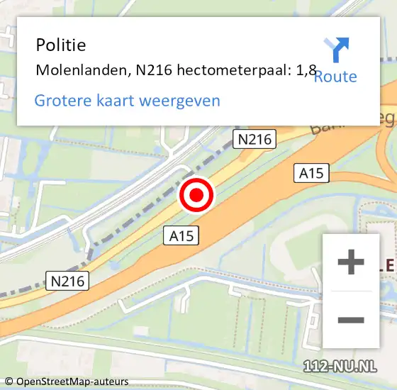 Locatie op kaart van de 112 melding: Politie Molenlanden, N216 hectometerpaal: 1,8 op 17 maart 2023 13:24