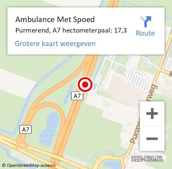 Locatie op kaart van de 112 melding: Ambulance Met Spoed Naar Purmerend, A7 hectometerpaal: 17,3 op 17 maart 2023 13:40