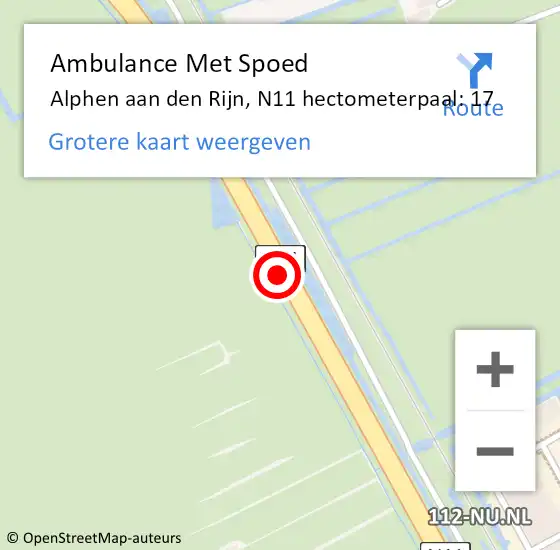 Locatie op kaart van de 112 melding: Ambulance Met Spoed Naar Alphen aan den Rijn, N11 hectometerpaal: 17 op 17 maart 2023 15:16