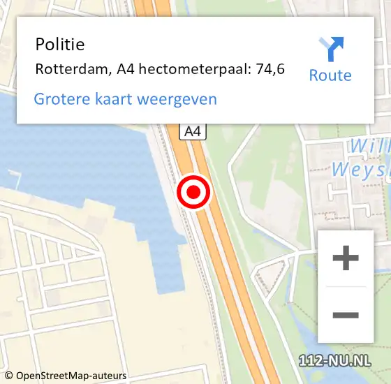 Locatie op kaart van de 112 melding: Politie Rotterdam, A4 hectometerpaal: 74,6 op 17 maart 2023 15:43