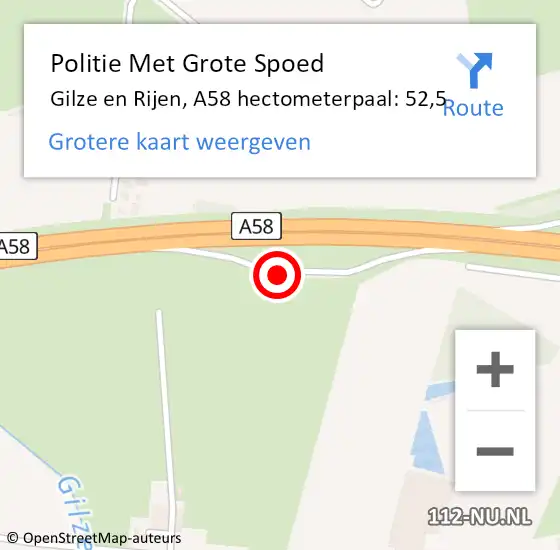 Locatie op kaart van de 112 melding: Politie Met Grote Spoed Naar Gilze en Rijen, A58 hectometerpaal: 52,5 op 17 maart 2023 15:58