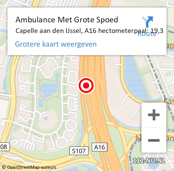 Locatie op kaart van de 112 melding: Ambulance Met Grote Spoed Naar Capelle aan den IJssel, A16 hectometerpaal: 19,3 op 17 maart 2023 17:34