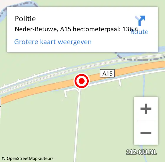 Locatie op kaart van de 112 melding: Politie Neder-Betuwe, A15 hectometerpaal: 136,6 op 17 maart 2023 18:01