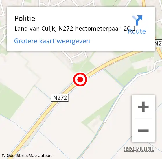 Locatie op kaart van de 112 melding: Politie Land van Cuijk, N272 hectometerpaal: 20,1 op 17 maart 2023 23:43
