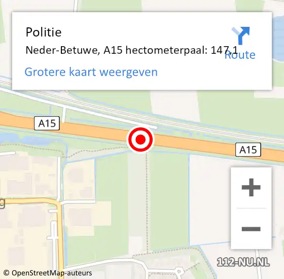 Locatie op kaart van de 112 melding: Politie Neder-Betuwe, A15 hectometerpaal: 147,1 op 18 maart 2023 00:22