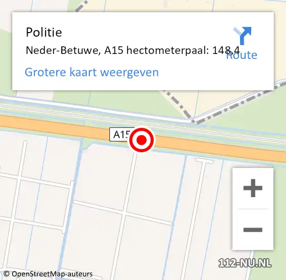 Locatie op kaart van de 112 melding: Politie Neder-Betuwe, A15 hectometerpaal: 148,4 op 18 maart 2023 00:23