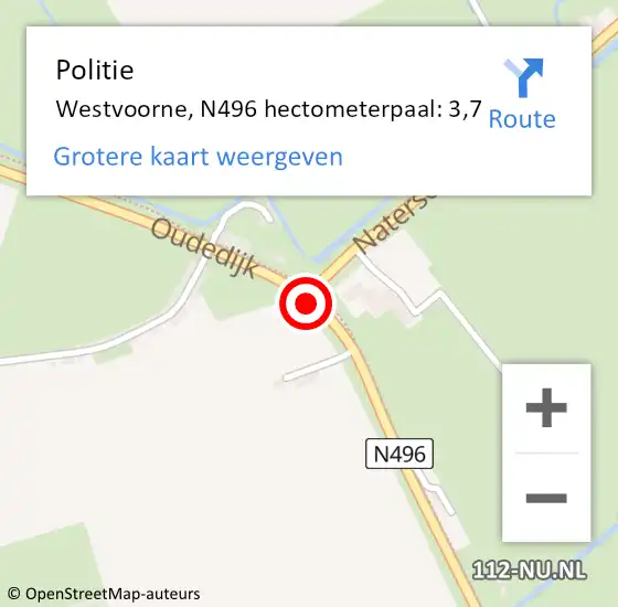 Locatie op kaart van de 112 melding: Politie Westvoorne, N496 hectometerpaal: 3,7 op 18 maart 2023 03:15