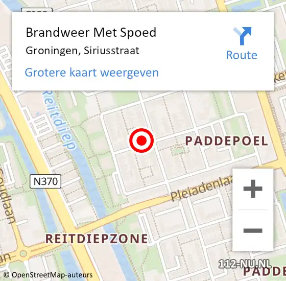 Locatie op kaart van de 112 melding: Brandweer Met Spoed Naar Groningen, Siriusstraat op 19 augustus 2014 11:04