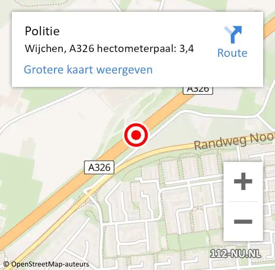 Locatie op kaart van de 112 melding: Politie Wijchen, A326 hectometerpaal: 3,4 op 18 maart 2023 04:26