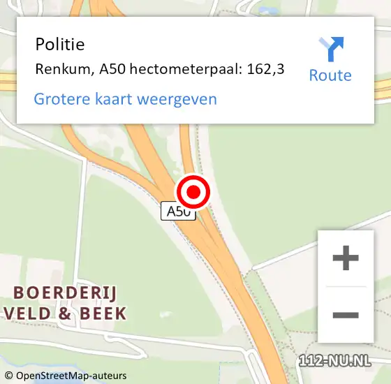 Locatie op kaart van de 112 melding: Politie Renkum, A50 hectometerpaal: 162,3 op 18 maart 2023 08:14