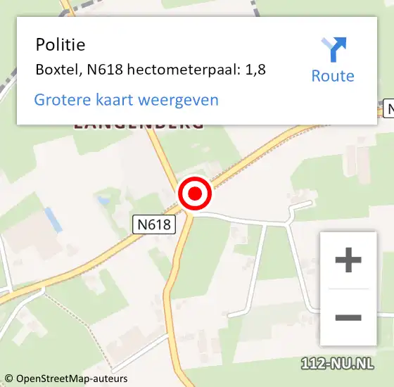 Locatie op kaart van de 112 melding: Politie Boxtel, N618 hectometerpaal: 1,8 op 18 maart 2023 09:40