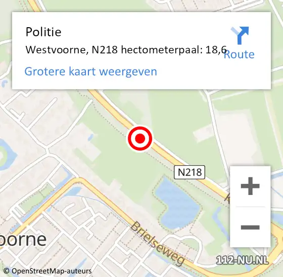 Locatie op kaart van de 112 melding: Politie Westvoorne, N218 hectometerpaal: 18,6 op 18 maart 2023 10:18