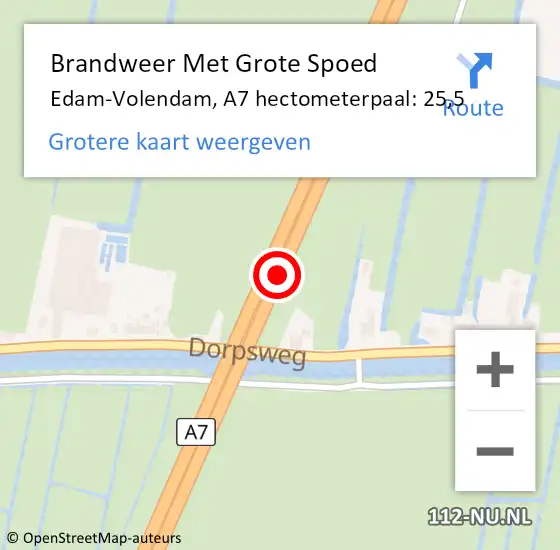 Locatie op kaart van de 112 melding: Brandweer Met Grote Spoed Naar Edam-Volendam, A7 hectometerpaal: 25,5 op 18 maart 2023 14:04