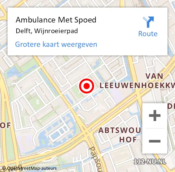 Locatie op kaart van de 112 melding: Ambulance Met Spoed Naar Delft, Wijnroeierpad op 18 maart 2023 14:47